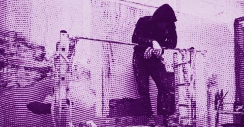 A person in a hooded jacket leans over a railing indoors. The image has a purple filter and a dotted texture effect, creating a stylized, abstract look. © Illustration by ArtCritic.