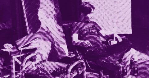 A person sits in a wheelchair, with their hands resting on their lap. The image has a purple halftone effect, creating a dotted and abstract appearance. Another persons legs are partially visible nearby. © Illustration by ArtCritic.