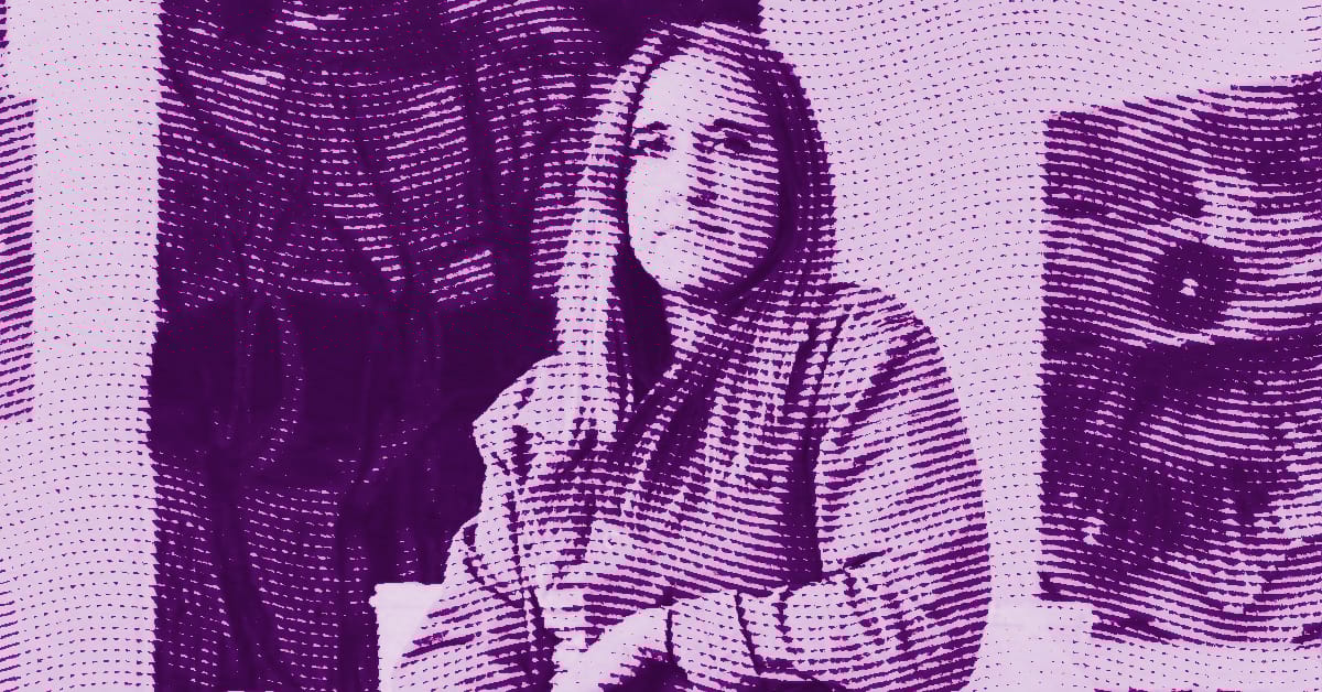 A stylized image in purple tones shows a person wearing a hoodie, sitting indoors with hands resting in front. The image uses a halftone dot pattern, giving it a textured, graphic look. © Illustration by ArtCritic.