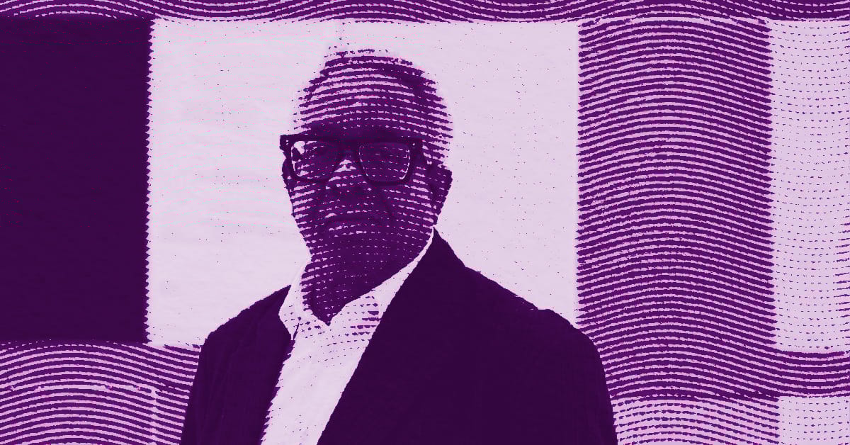 A man wearing glasses and a suit stands in front of a patterned background. The image has a purple color filter and is overlaid with wavy dotted lines, giving it a stylized, artistic effect. © Illustration by ArtCritic.