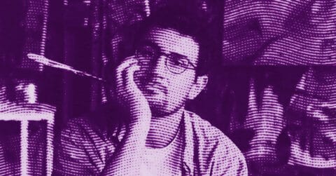 A man wearing glasses rests his chin on his hand, looking contemplative. The image is rendered in a purple halftone pattern, creating a stylized, textured effect. © Illustration by ArtCritic.