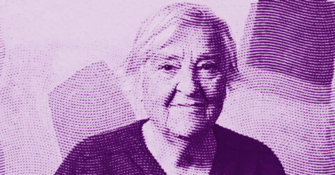 A stylized, purple-toned portrait of an older woman with short hair, created with wavy lines and dot patterns on a light background. © Illustration by ArtCritic.