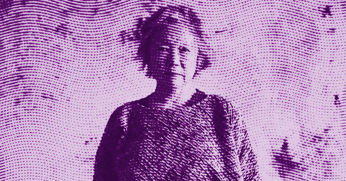 A stylized purple-toned image of a person with short hair, wearing a textured sweater, is overlaid with wavy dotted lines. The background and figure are both rendered in the same purple palette. © Illustration by ArtCritic.