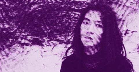 Digital art of a woman with straight hair, rendered in purple tones with a halftone dot effect, set against a textured abstract background. © Illustration by ArtCritic.