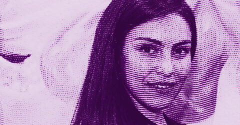 A stylized portrait of a young woman with long dark hair, created with purple halftone dots on a light background, giving the image a textured and graphic appearance. © Illustration by ArtCritic.