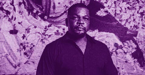 A man in a collared shirt stands in front of an abstract, wavy patterned background, with the entire image rendered in purple tones and dotted halftone effects. © Illustration by ArtCritic.