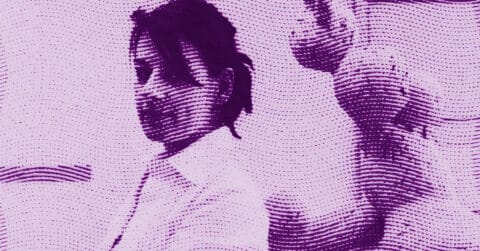 A stylized, purple-toned image shows a person in a white shirt looking towards the camera, with wavy dotted lines overlaying the entire image. Another figure is partially visible in the background. © Illustration by ArtCritic.