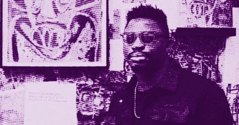 A man wearing sunglasses and a dark jacket stands in front of abstract artwork on a wall. The image is filtered in purple tones with a dotted texture. © Illustration by ArtCritic.