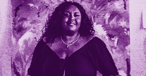 A woman with curly hair wearing a necklace and dark top stands in front of an abstract, patterned background in purple tones. © Illustration by ArtCritic.