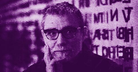 A stylized, purple-tinted image of a person wearing glasses, with dotted lines overlaying their face and blurred text visible in the background. © Illustration by ArtCritic.