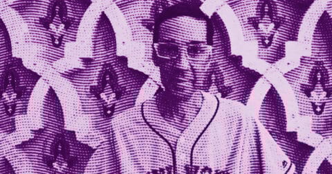 A stylized, purple-tinted image shows a person wearing glasses and a baseball jersey, set against an abstract patterned background with repeated arch and floral motifs. © Illustration by ArtCritic.