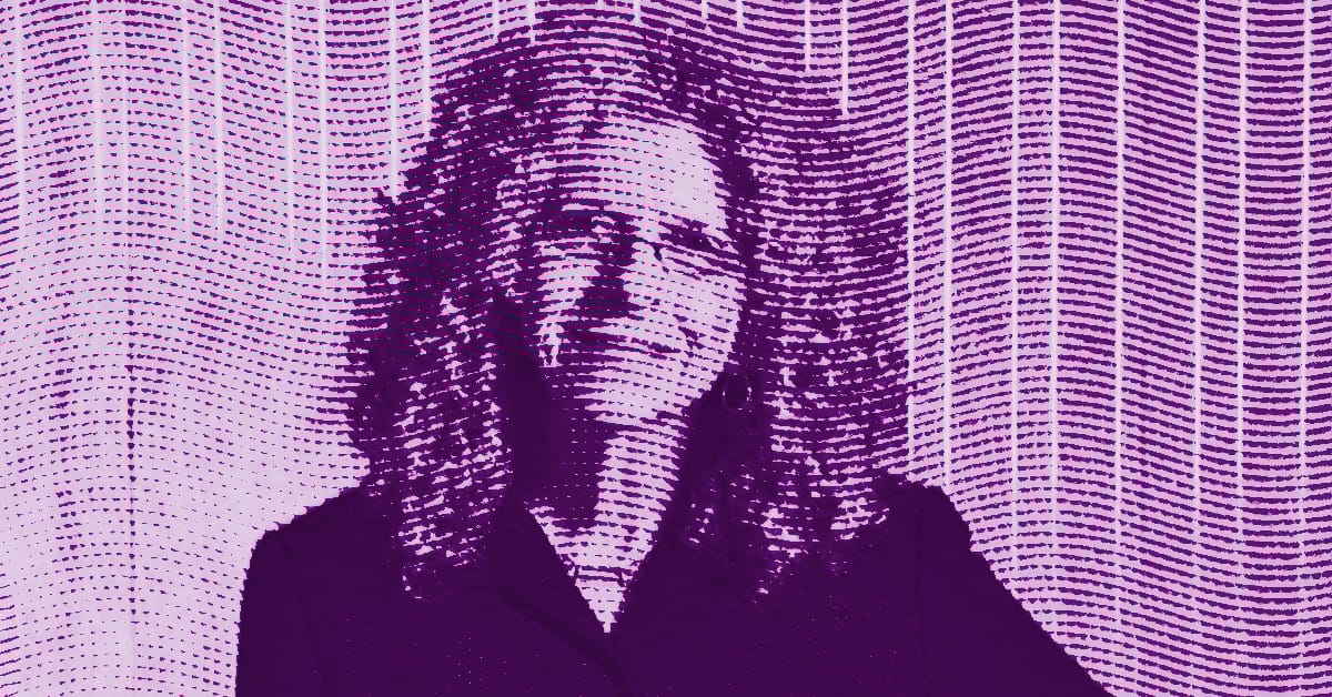 A stylized, purple-tinted image of a person with long curly hair standing in front of a background with curved, dotted lines. The image has a digital, artistic effect with high contrast and abstract details. © Illustration by ArtCritic.