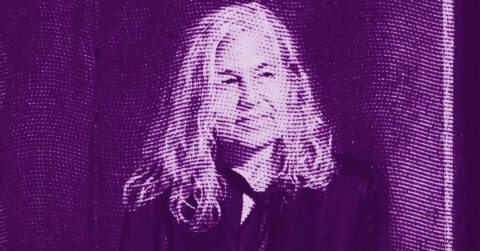 A stylized, purple-toned image of a person with long hair, wearing a dark shirt, stands in front of a textured, dotted curtain backdrop. Their facial features are softly highlighted. © Illustration by ArtCritic.