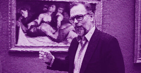 A man in a suit and glasses stands in front of a framed artwork, pointing at it. The image is overlaid with a purple halftone effect and wavy lines, giving it a stylized, textured appearance. © Illustration by ArtCritic.