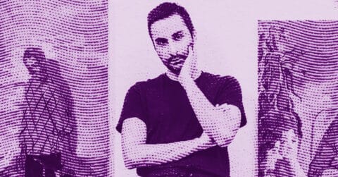 A man in a dark shirt stands with one hand on his face and another arm crossed, flanked by abstract, blurred figures. The entire image has a pink-purple, halftone dot effect. © Illustration by ArtCritic.