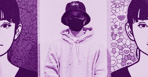 A person in a hoodie, glasses, mask, and hat stands between two manga-style illustrations of faces, each with different backgrounds. The entire image has a purple overlay. © Illustration by ArtCritic.