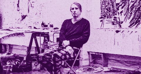 A person sits on a chair in a room with a table and various objects. The image has a purple color filter and a wavy, textured overlay, giving it an artistic, abstract feel. © Illustration by ArtCritic.