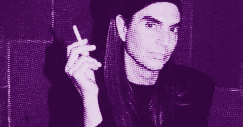 A stylized, high-contrast purple-toned image of a person with long hair holding a cigarette, looking at the camera. The image features a dotted texture overlay. © Illustration by ArtCritic.