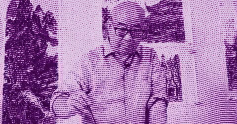 A stylized, purple-toned image of a person in glasses and a collared shirt, with a dot pattern effect overlay. The person appears to be indoors near a leafy plant. © Illustration by ArtCritic.