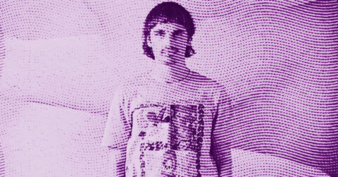 A person stands facing forward, partially obscured by a wavy, dotted purple overlay. The image has a strong purple tint and abstract wave patterns across the entire scene. The person wears a T-shirt with a graphic design. © Illustration by ArtCritic.