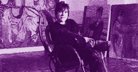 A person sits in a chair holding a cup, surrounded by large canvases with abstract art. The image has a purple hue and a wavy, textured overlay. © Illustration by ArtCritic.