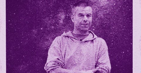 A stylized, purple-toned image of a person standing with arms crossed, featuring a wavy, dotted pattern overlay that creates a textured visual effect. © Illustration by ArtCritic.