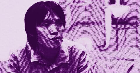 A stylized, purple-tinted image of a person with straight, dark hair wearing a striped shirt, looking slightly to the side. The image features a dotted halftone effect throughout. © Illustration by ArtCritic.
