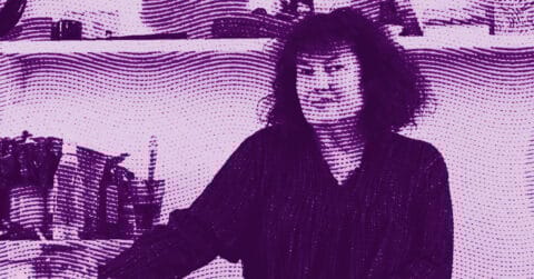 A stylized, purple-tinted image of a person with curly hair standing in front of kitchen shelves with jars and containers. Wavy lines create a textured, artistic effect across the image. © Illustration by ArtCritic.