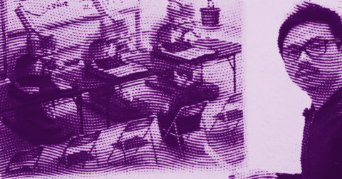 A stylized, purple-toned image showing a person looking at the camera on the right and several musicians playing string instruments on the left. The image has a dotted, textured effect throughout. © Illustration by ArtCritic.