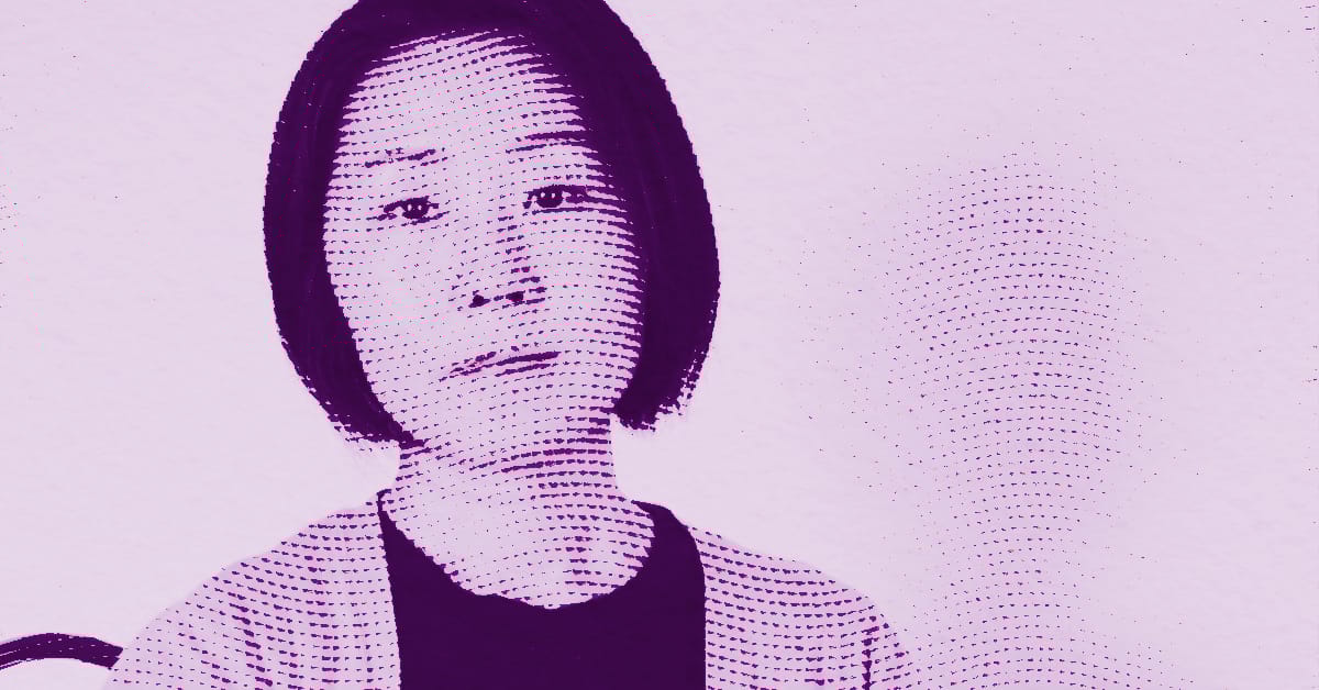 A stylized, purple-toned halftone portrait of a person with short, straight hair, looking directly at the camera with a neutral expression. The background is light with a subtle dotted pattern. © Illustration by ArtCritic.