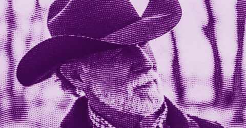 A stylized, purple-toned image of a person wearing a cowboy hat and a jacket, depicted with circular dot patterns creating a textured, abstract effect. The background is blurred and light-colored. © Illustration by ArtCritic.