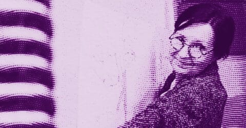 A person with glasses and dark hair stands near a whiteboard, looking over their shoulder, in an image with a purple and pink halftone filter effect. © Illustration by ArtCritic.