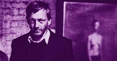 A man in a suit stands in front of a textured, wavy-patterned background, with the image tinted in purple tones. Another blurred figure appears in the background. © Illustration by ArtCritic.