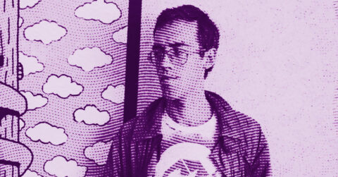 A person in glasses and a jacket stands in front of a wall decorated with cartoon-style clouds, with the image rendered in a purple halftone comic book effect. © Illustration by ArtCritic.
