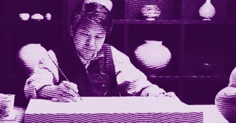 A person in traditional clothing is painting pottery with a brush, surrounded by shelves displaying various ceramic vases and pottery pieces. The image has a purple and wavy filtered effect. © Illustration by ArtCritic.
