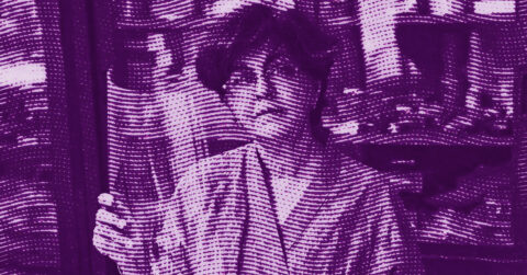 A person wearing a robe stands indoors, holding an object in their right hand. The image features a high-contrast, purple halftone effect with wavy lines, giving it a stylized, abstract appearance. © Illustration by ArtCritic.