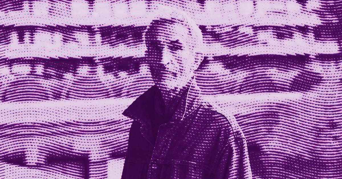 A person stands in front of a blurred background, their image heavily filtered with purple and wavy dot patterns, giving the scene a stylized, abstract appearance. © Illustration by ArtCritic.