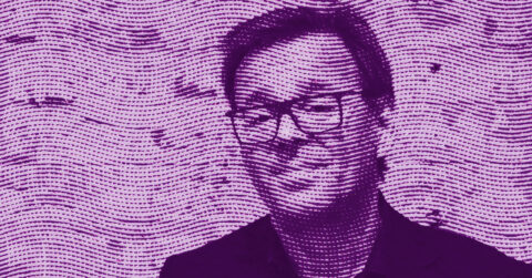 A stylized portrait of a person with glasses, rendered in purple with a wavy, dotted line pattern overlaying the image, creating a textured and abstract effect. © Illustration by ArtCritic.