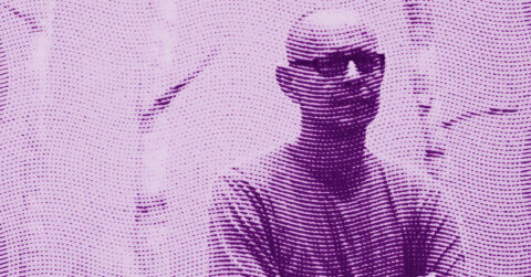 A stylized image of a person with a shaved head, created using purple halftone dots on a pink background. The pattern forms wavy horizontal lines, giving the image a distorted and abstract appearance. © Illustration by ArtCritic.