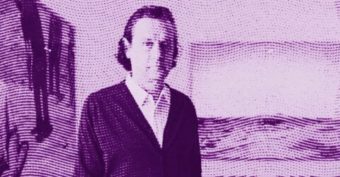 A stylized, purple-toned image of a person with shoulder-length hair, wearing a dark jacket and light shirt, standing in front of an abstract, wavy-lined background. The image is rendered with a dotted pattern. © Illustration by ArtCritic.