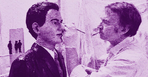 Two men face each other in a serious conversation, shown in a purple, halftone-styled effect. One appears to be wearing a suit, the other a light-colored jacket. The background is blurred with two figures in the distance. © Illustration by ArtCritic.