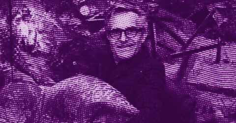 A stylized, purple-tinted image of a person wearing glasses, surrounded by textured, wavy lines and patterns, creating a dramatic abstract effect. © Illustration by ArtCritic.