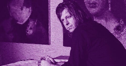 A person with long hair leans on a counter, looking over their shoulder. The image is filtered with a purple halftone effect, creating a stylized, textured appearance. Their reflection is visible in a mirror. © Illustration by ArtCritic.