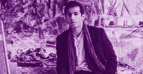 A man in a suit sits in front of a background with trees. The image is heavily filtered in purple tones with a wavy dotted overlay, creating a distorted, abstract effect. © Illustration by ArtCritic.