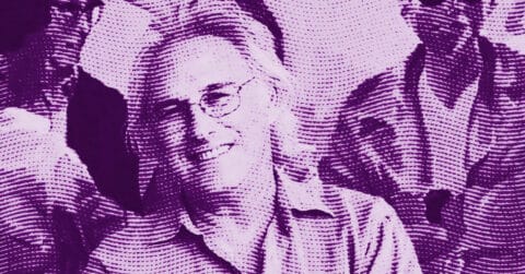 A stylized, purple-tinted image of a smiling person with glasses, surrounded by abstract, dotted patterns and blurred figures in the background. © Illustration by ArtCritic.