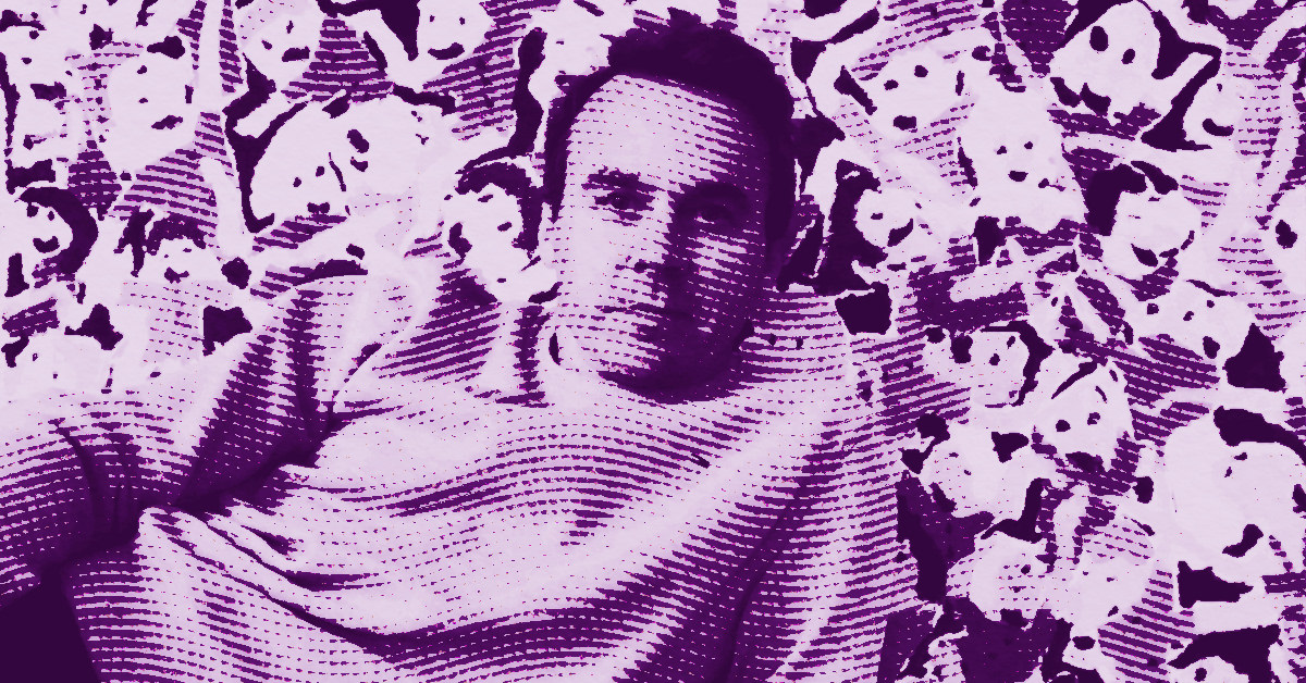 A man lounges in front of a patterned background featuring abstract, cartoon-like faces. The image is filtered in purple tones with a halftone effect. © Illustration by ArtCritic.
