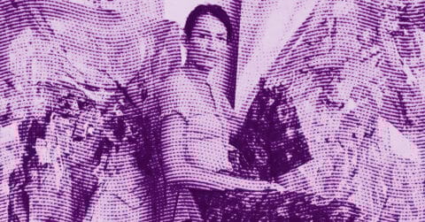 A stylized image in purple tones shows a person sitting, surrounded by abstract figures. The image is composed of dotted patterns, giving it a textured and artistic appearance. © Illustration by ArtCritic.