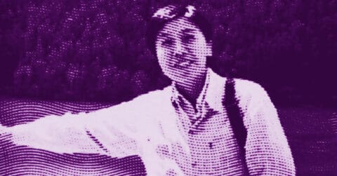 A stylized, purple-toned image of a person smiling, wearing a light-colored shirt and carrying a bag. The image uses a dotted and wavy pattern effect, giving it an abstract, artistic appearance. © Illustration by ArtCritic.