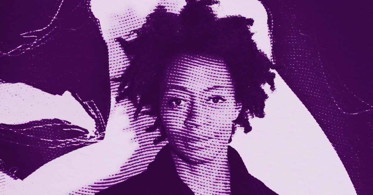 A stylized, purple-tinted image of a person with short, curly hair looking directly at the camera. The background features abstract, textured patterns and high contrast shading. © Illustration by ArtCritic.