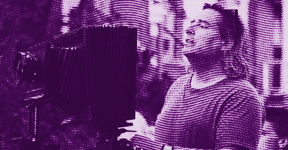 Gregory Crewdson is adjusting a large-format camera. The image is tinted in purple and features a dotted, halftone effect. © Illustration by ArtCritic.